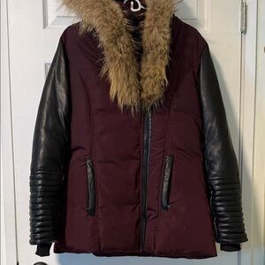 Incredible Women's Burgundy and Black Jacket with Fur and Leather trim.